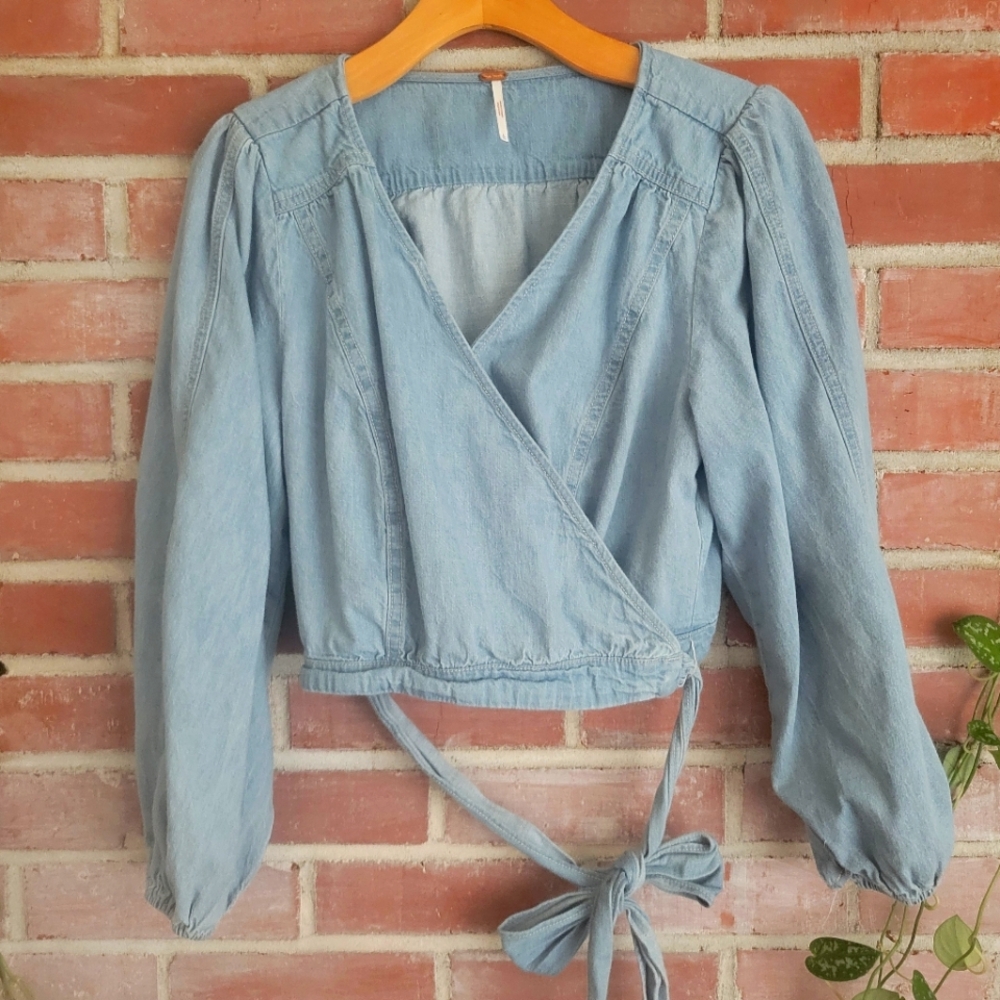 Sophie Light Wash Denim Balloon Sleeve Wrap Crop Top